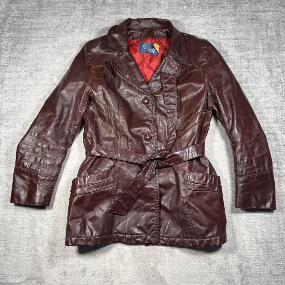 Sears Jacket Women Small Burgundy Leather Belted Vintage 70s Trench Overcoat